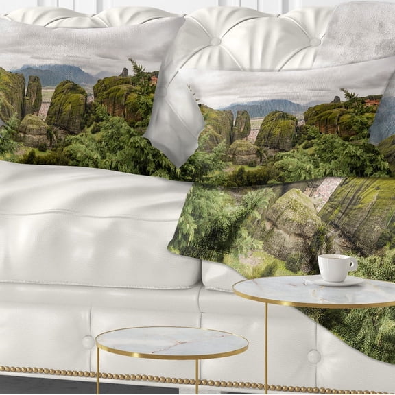 Designart Meteora Mountain in Greece - Landscape Printed Throw Pillow - 12x20