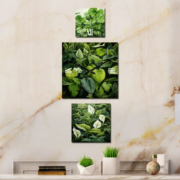Designart "Meticulous Tropical Botanicals" Plants Oversized Traditional Clock - Set Of 3 - Extra large Clock For Office Décor - Large Vertical Clock