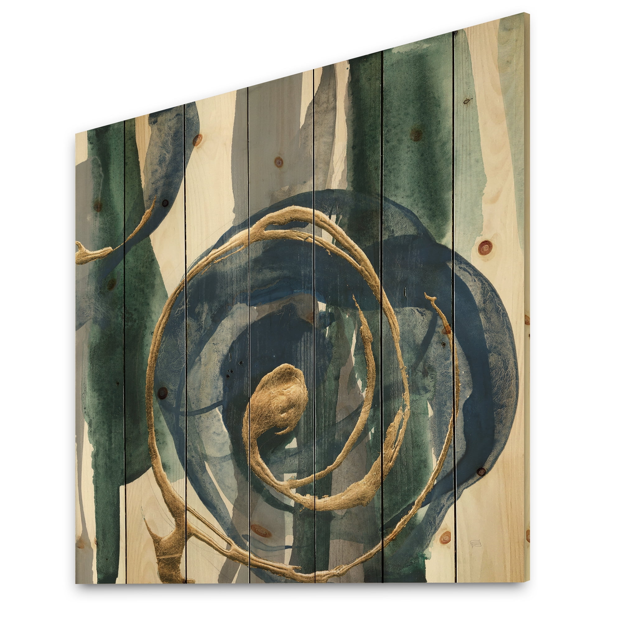 Designart 'Mettalic Indigo and Gold I' Posh & Luxe Print on Natural Pine Wood