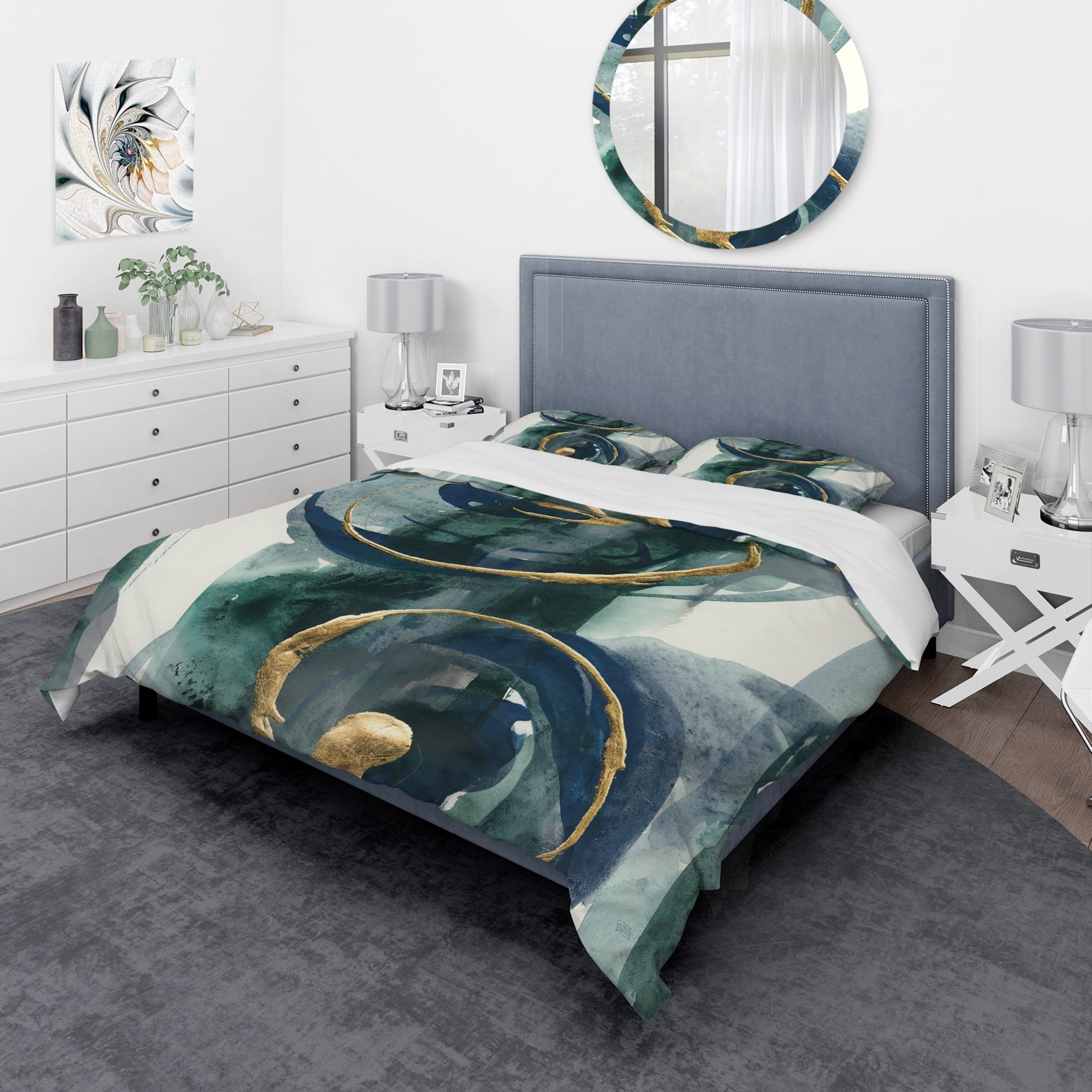 Designart 'Mettalic Indigo and Gold II' Geometric Duvet Cover Set