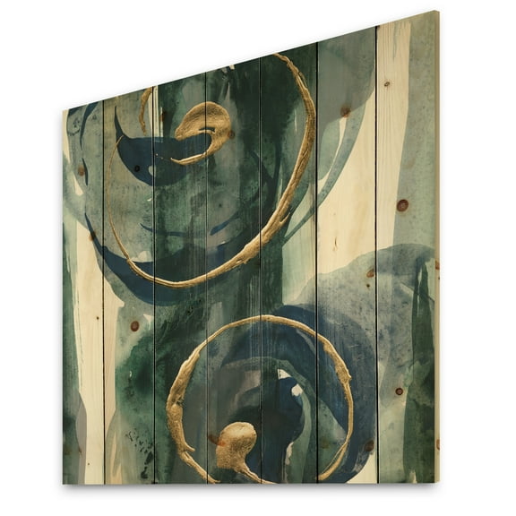 Designart 'Mettalic Indigo and Gold II' Posh & Luxe Print on Natural Pine Wood