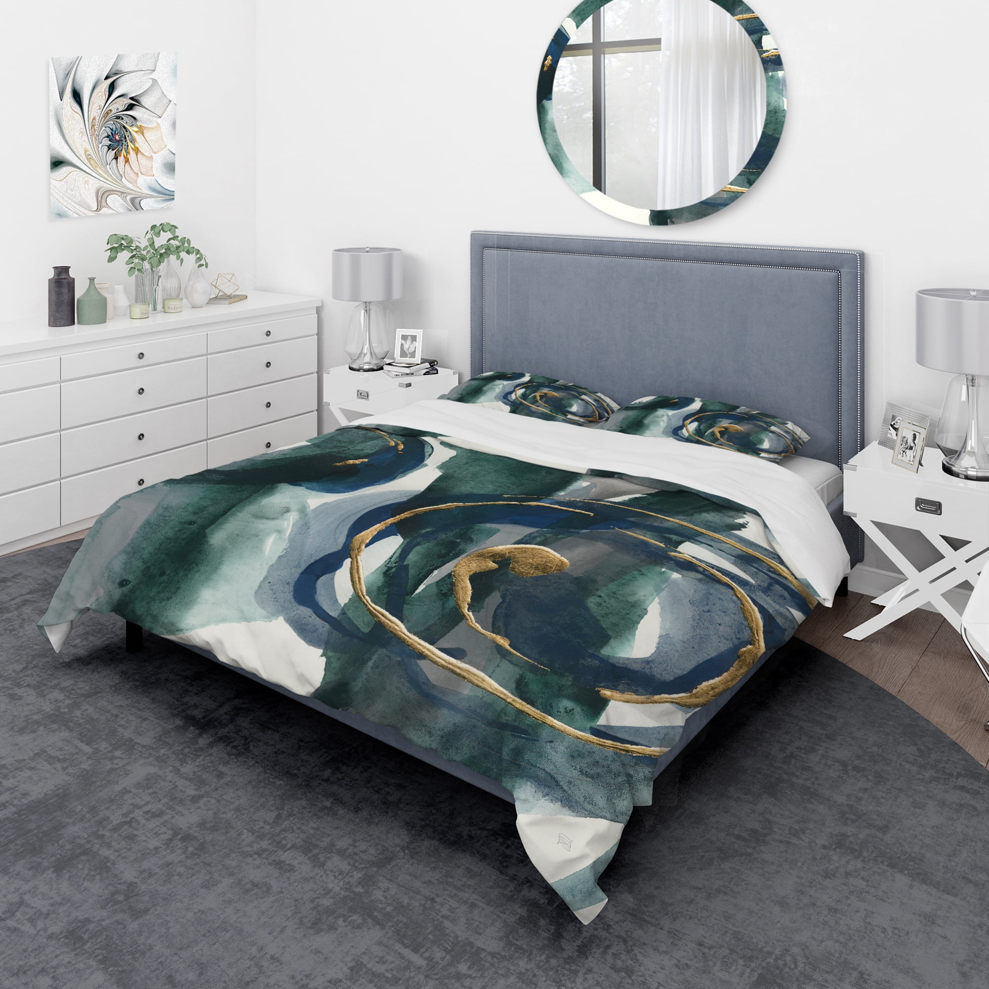 Designart 'Mettalic Indigo and Gold III' Geometric Duvet Cover Set