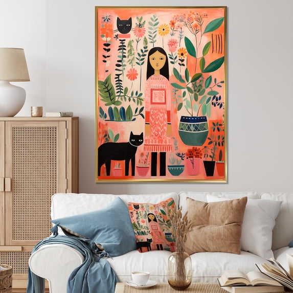 Designart "Mexican Children Art in Pink I" Fantasy Framed Wall Art - Kids Pink Children's Art Hallway Framed Wall Art Decor