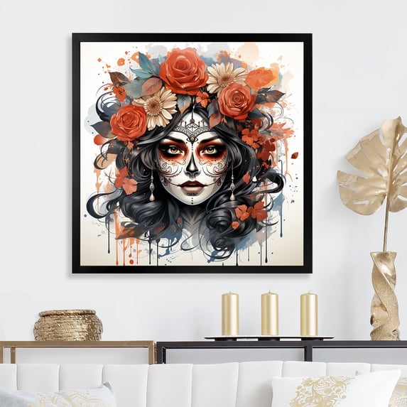 Designart "Mexican Watercolor Day of the Dead Diva II" Fashion Framed Wall Art Decor - Glam Red Woman Mexican Entryway Framed Wall Art Print
