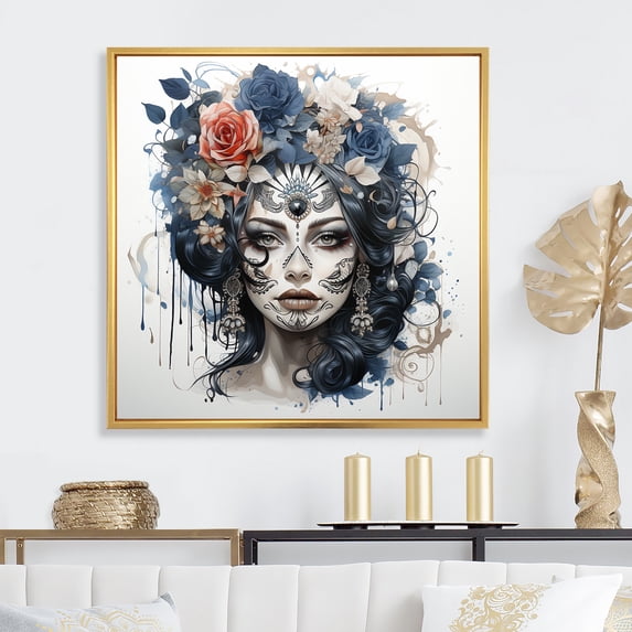 Designart "Mexican Watercolor Day of the Dead Diva III" Fashion Framed Wall Art - Glam Blue Woman Mexican Entryway Framed Wall Art
