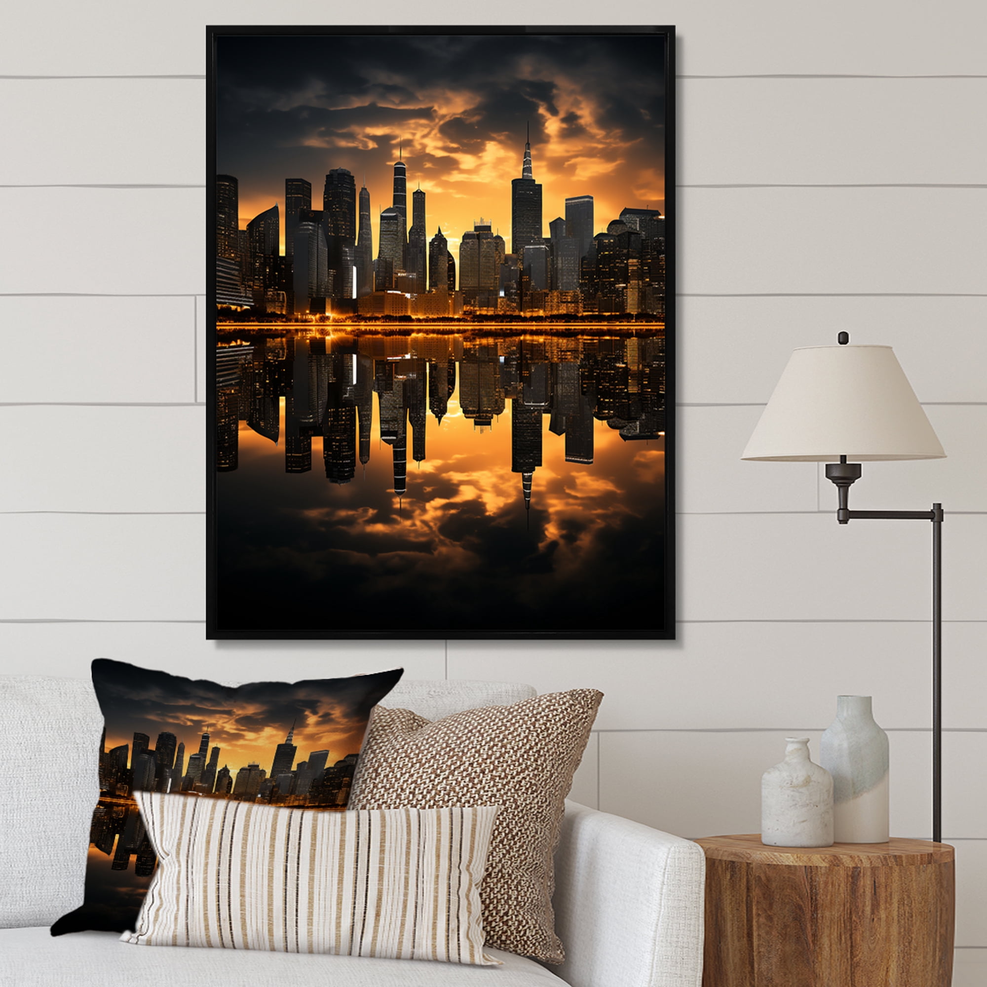 Designart "Miami City Skylines in Yellow Black" Cityscapes Floater ...