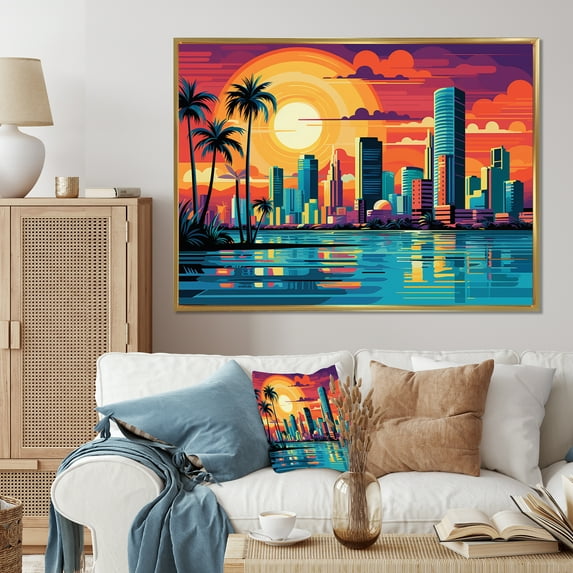 Designart "Miami Cityscape Pop Art painting I" Cityscapes Floater Framed Canvas Wall Art