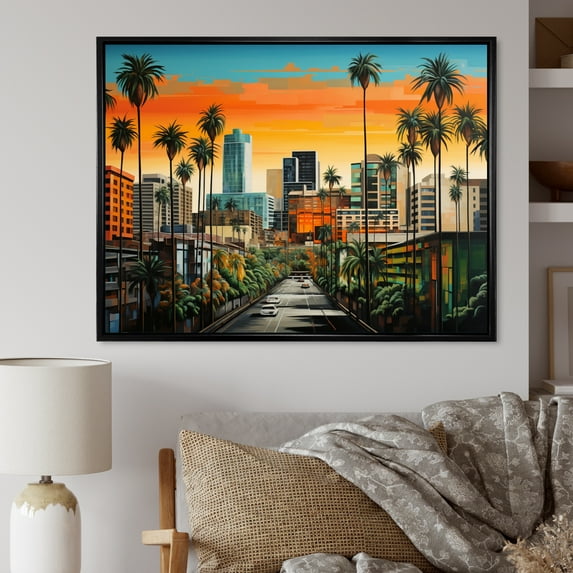Designart "Miami Palms Orange Palm Trees by the Coast II" Cityscapes Floater Framed Canvas Wall Art