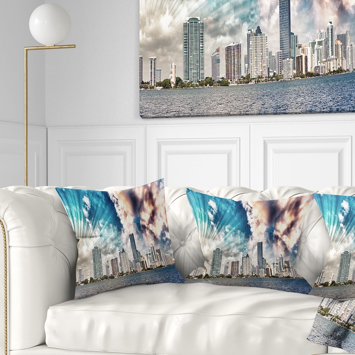 Designart Miami Skyline with Clouds - Cityscape Photo Throw Pillow - 16x16