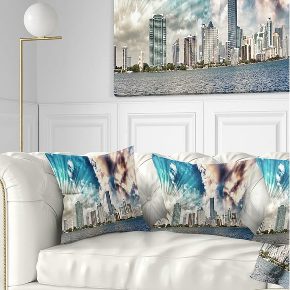 Designart Miami Skyline with Clouds - Cityscape Photo Throw Pillow - 18x18