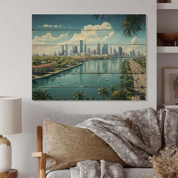 Designart "Miami Sunshines State Cityscape Radiance III" Florida Print on Natural Pine Wood