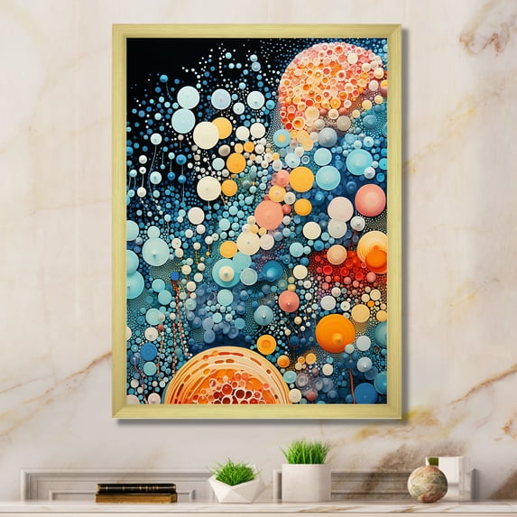 Designart "Microscopic Fantasia in Colorful Ink River IV" Abstract Framed Wall Art - Modern Yellow Abstract Shapes Hallway Framed Wall Art Decor