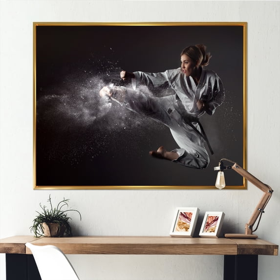 Designart "Mid-Air Karate Kick I" Martial Arts Floater Framed Canvas Wall Art