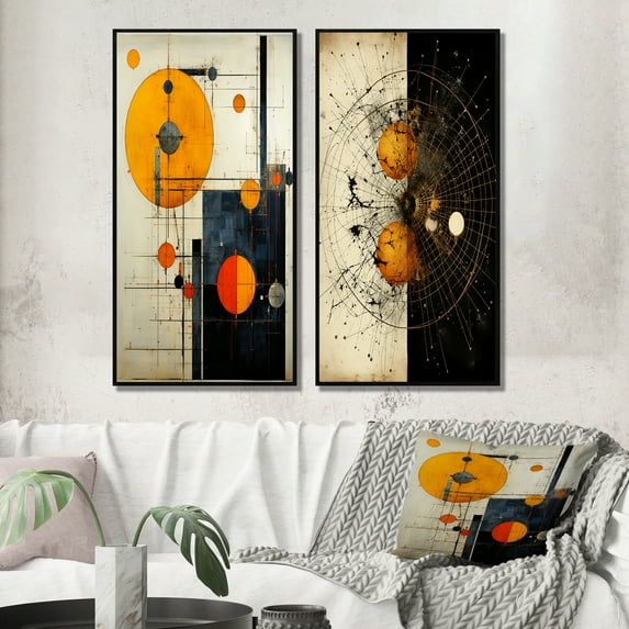 Designart "Mid-Century Bliss Retro Journey I" Minimalism Framed Wall Art Set Of 2 - Transitional Gold Framed Canvas Set For Living Room Decor
