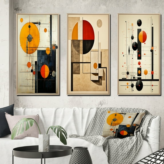 Designart "Mid-Century Bliss Retro Journey I" Minimalism Framed Wall Art Set Of 3 - Gold Abstract Minimalism Frame Gallery Set For Office Decor
