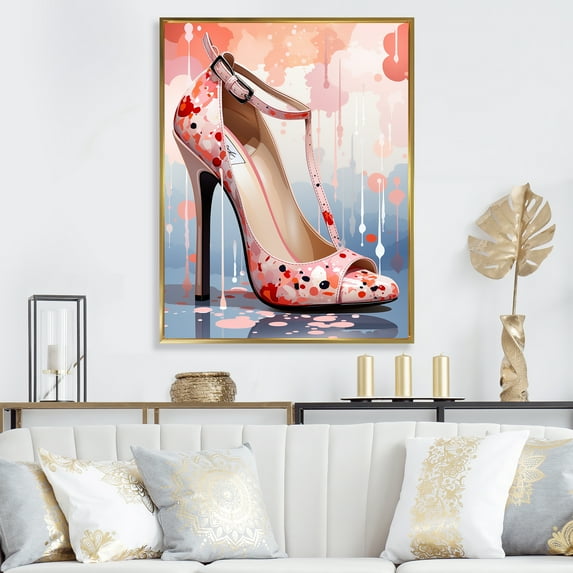 Designart "Mid-Century Elegant Pink High Heels II" Fashion Framed Wall Art - Glam Pink Fashion High Heels Bedroom Framed Canvas Wall Art