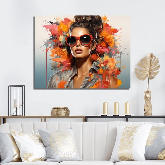 Designart "Mid Century Fashion Portrait with Tropical Sunglasses II" Fashion Wall Art - Glam Yellow Fashion Illustration Hallway Wall Art Decor