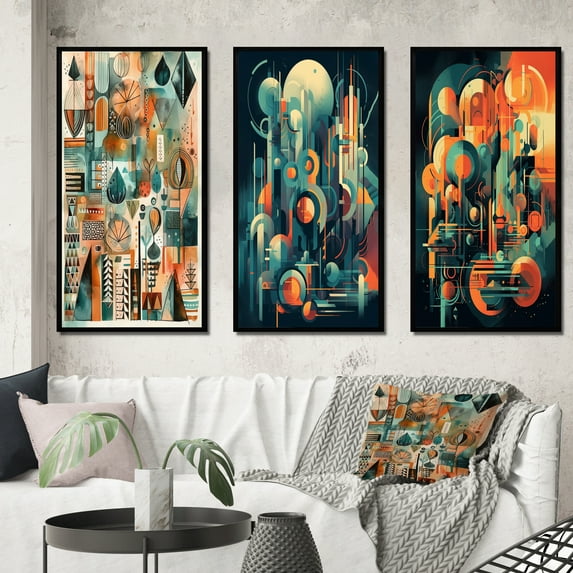 Designart "Mid Century Innovations Green and Orange II" Modern Midcentury Framed Wall Art Set Of 3 - Green Midcentury Frame Canvas Set For Living Room Decor