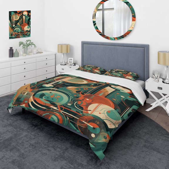 Designart "Mid Century Innovations Green and Orange IV" Modern Midcentury Bedding Covert Set - Abstract Midcentury Green Abstract Bed Set With 2 Shams