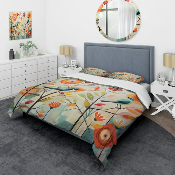 Designart "Mid Century Mod Nature A Green Oasis IV" Animals Bedding Covert Set - Abstract Midcentury Green Abstract Bed Set With 1 Sham