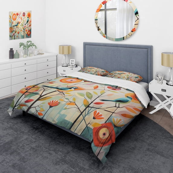 Designart "Mid Century Mod Nature A Green Oasis IV" Animals Bedding Covert Set - Abstract Midcentury Green Abstract Bed Set With 2 Shams
