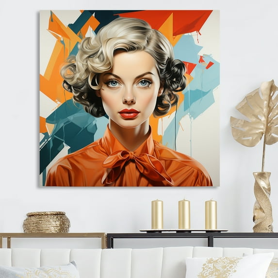 Designart "Mid-Century Woman Portrait in Orange and Green II" Fashion Wall Art - Glam Orange Pop Art Hallway Wall Art Decor