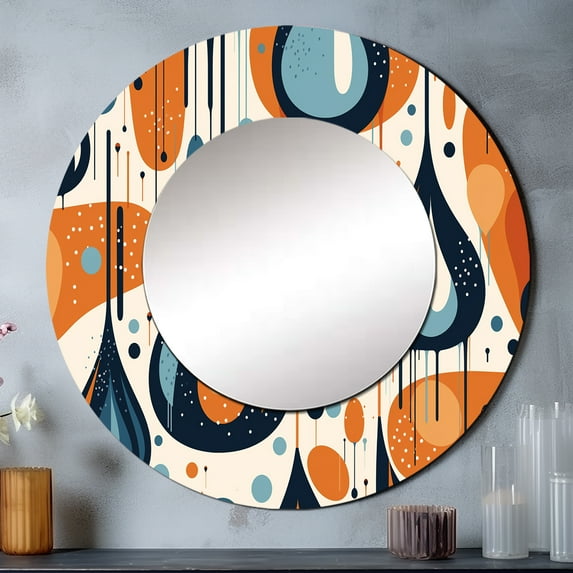Designart "Midcentury Balance in Orange and Blue I" Abstract Shapes Rund Mirror For Wall Decor - Large Orange Round Print Mirror - Round Modern Mirror - Wall Mounted Round Large Mirror - 29" x 29"
