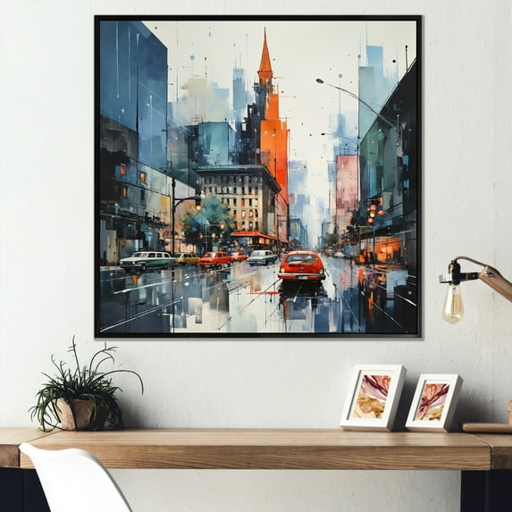 Designart "Midcentury Metropolis Blue Grey Vision I" Mid-century Floater Framed Canvas Art Print