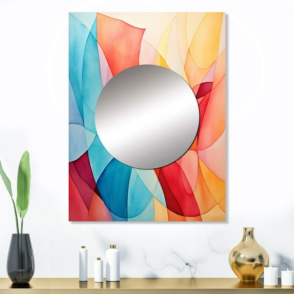 Designart "Midcentury Pastel Collages Serene Fusion II" Abstract Geometric Mirror Wall Decor - Modern Yellow Abstract Hallway Wall Mirror Art - 32" x 24" Inch