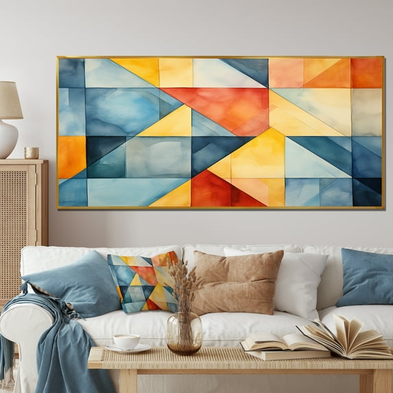 Designart "Midcentury Pastel Cubes Vintage Delight III" Oversized Abstract Framed Wall Art - Modern Colorful Abstract Geometric Bedroom Framed Canvas Wall Art