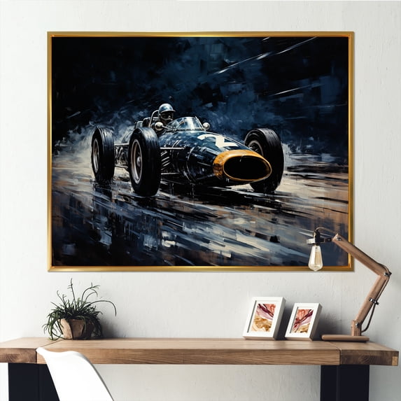 Designart "Midnight 1950s Vintage Race Car on Track III" Architecture Framed Wall Art - Modern Black Race Tracks Living Room Framed Canvas Art