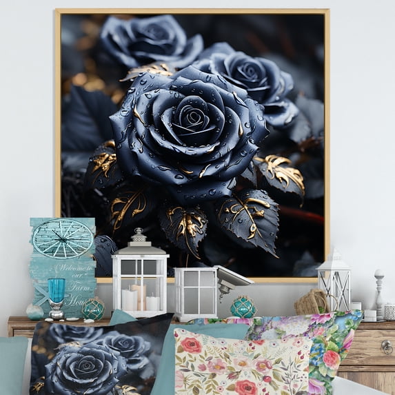 Designart "Midnight Bouquet of Black and Blue Roses II" Floral Framed Wall Art - Black Roses Hallway Framed Wall Art Decor