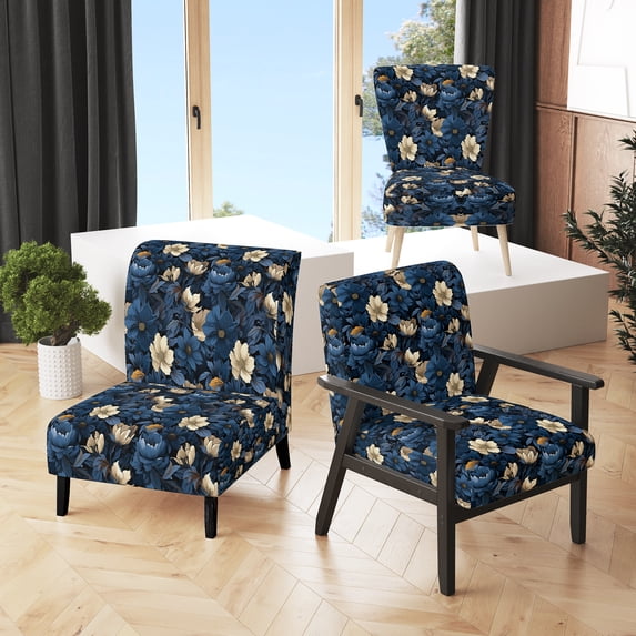 Designart "Midnight Floral Tapestry" Blue Floral Upholstered Accent Chair - Cottage Arm Chair For Bedroom