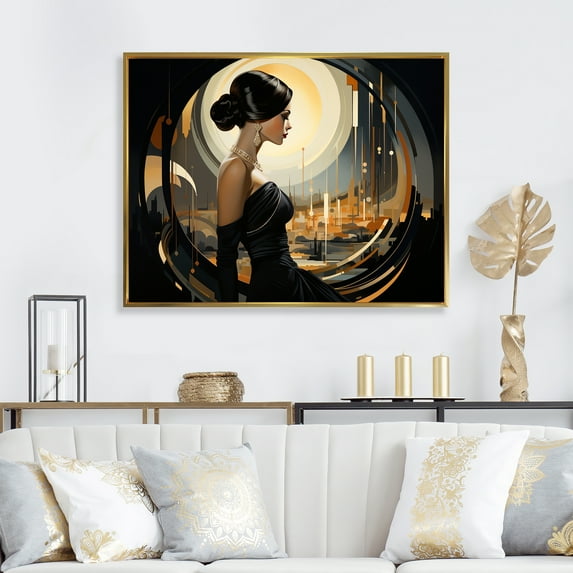 Designart "Midnight Glamour Woman in Black and Gold I" Fashion Framed Wall Art - Glam Black Woman Entryway Framed Wall Art Print