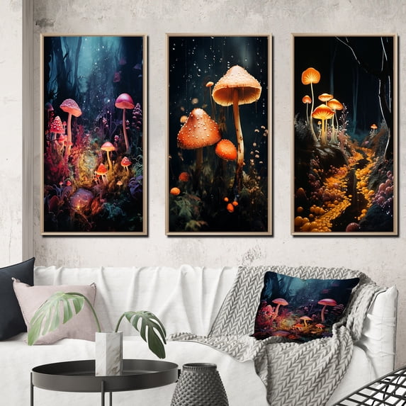 Designart "Midnight Magic Enchanted Mushroom Forest III" Mushroom Framed Wall Art Set Of 3 - Pink Traditional Frame Canvas Set For Living Room Decor