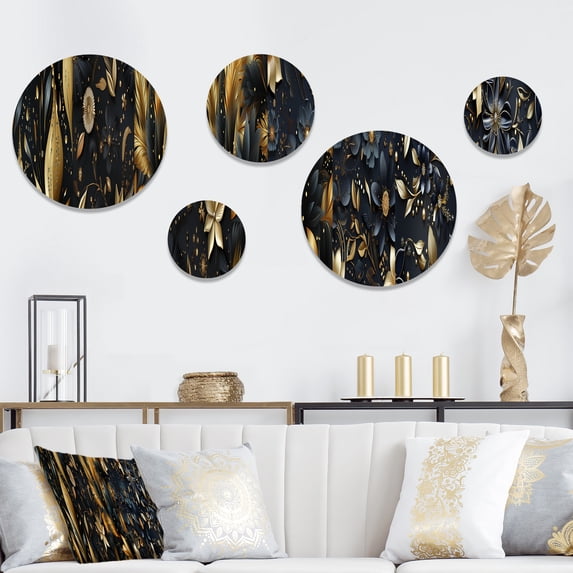 Designart "Midnight Mystique In Gold And Black I" Damask Round Wall Art Set Of 5 - Black Bohemian Wall Living Room Decor Set