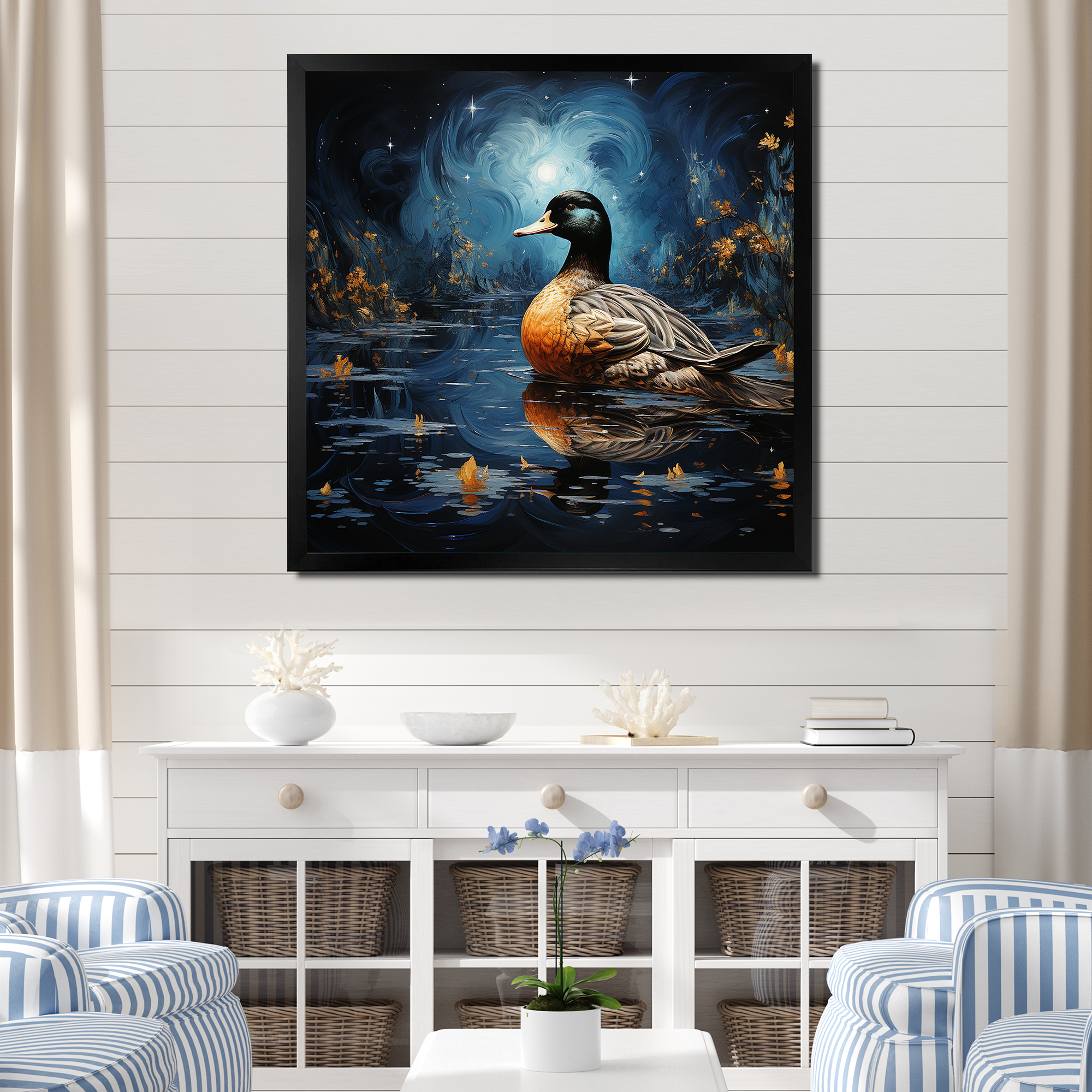 Designart "Midnight Ponder of Blue Duck III" Animals Framed Wall Art