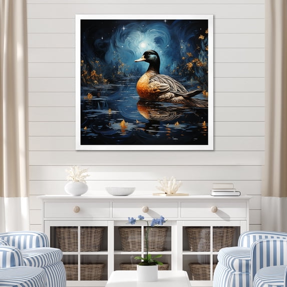 Designart "Midnight Ponder of Blue Duck III" Animals Framed Wall Art Decor - Modern Blue Duck Living Room Framed Canvas Art