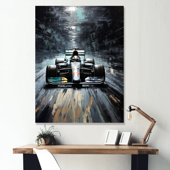 Designart "Midnight Race Car Track in Formula Racing II" Architecture Canvas Wall Art - Modern Black Race Tracks Living Room Canvas Art