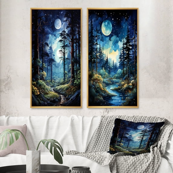 Designart "Midnight Serenity Blue Pine Tree Landscape III" Tree Pine Framed Wall Art Set Of 2 - Blue Floral Framed Canvas Set For Living Room Decor