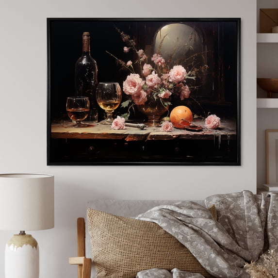 Designart "Midnight Solitude Sommelier's Wine Blooms" Food & Beverage Framed Wall Art - Traditional Pink Wine Entryway Framed Wall Art Print