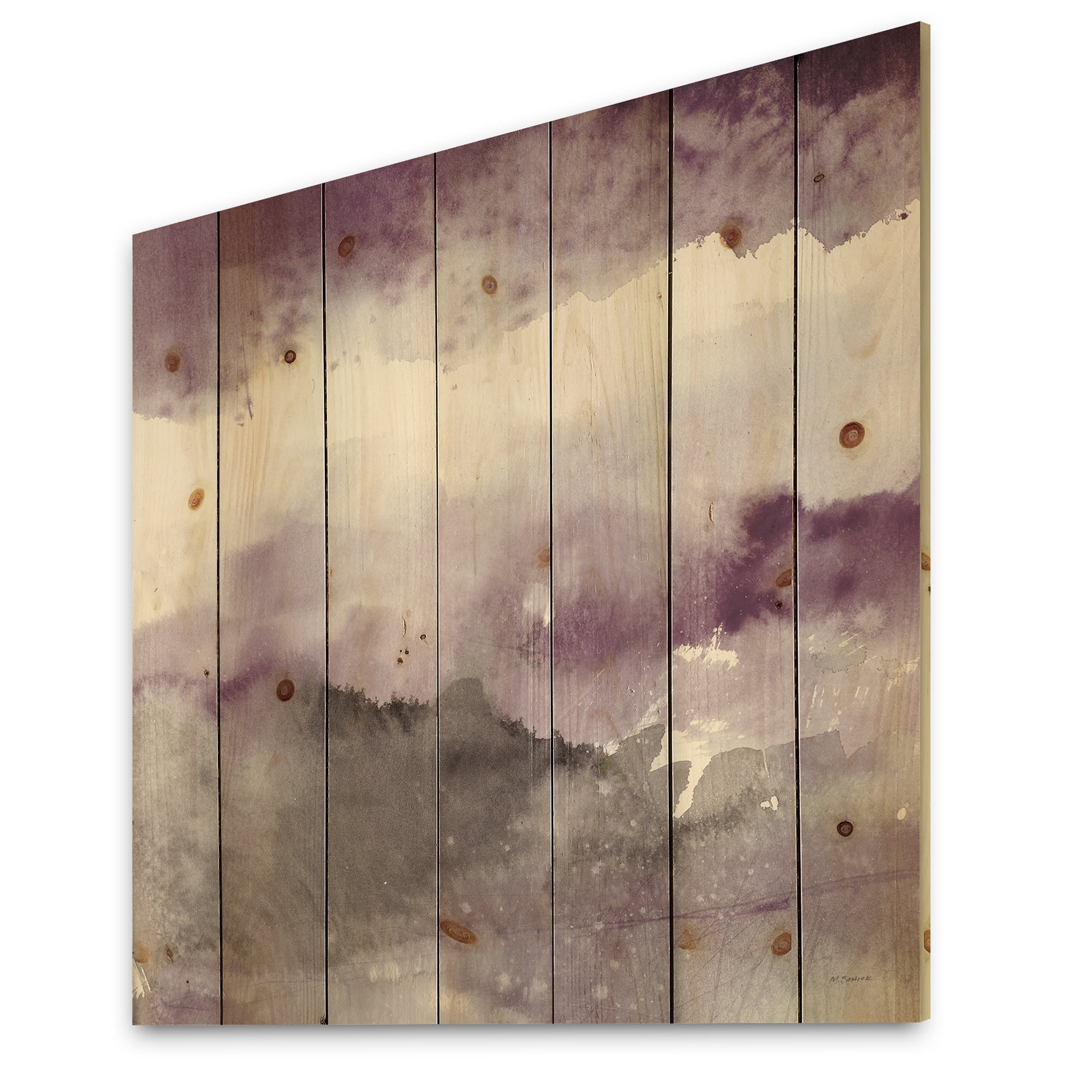 Designart 'Midnight at the Lake III Amethyst and Grey' Shabby Chic Print on Natural Pine Wood