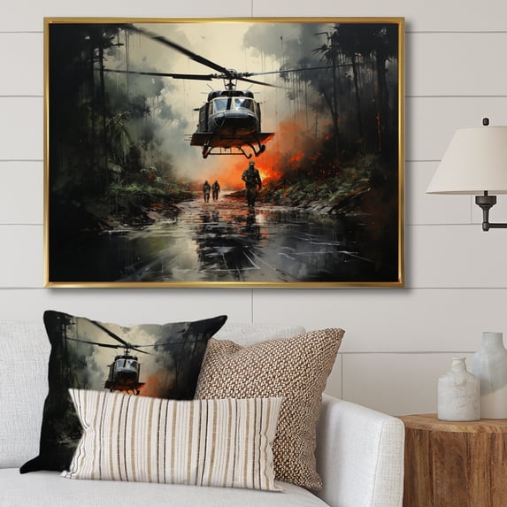 Designart "Military Helicopter During the Vietnam War" Military Floater Framed Wall Art Living Room