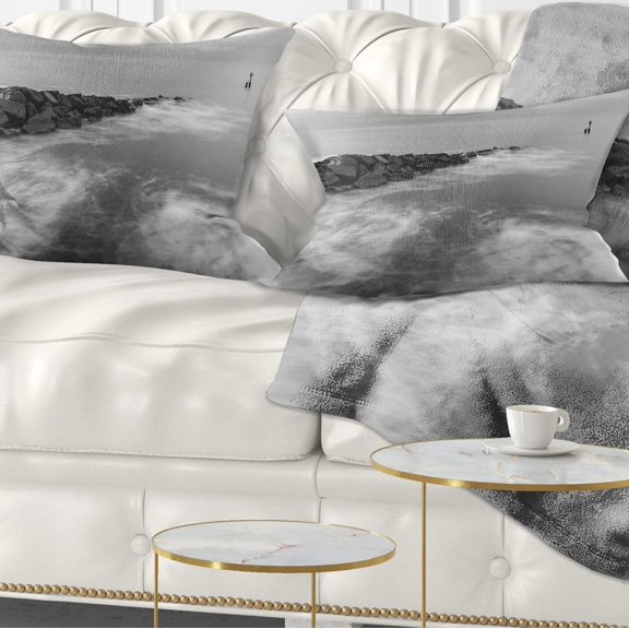 Designart Milky Waves Splashing Over Rocks - Modern Seascape Throw Pillow - 12x20