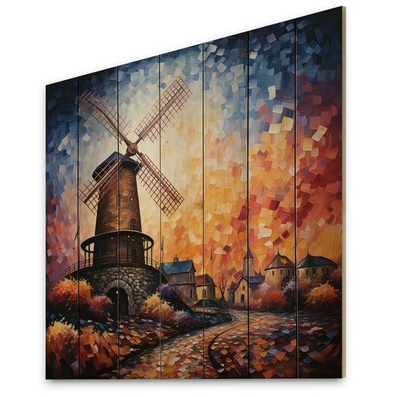 Designart "Mill Wind Charm In Motion" Countryside Print on Natural Pine Wood