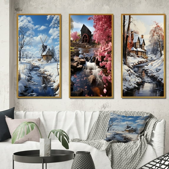 Designart "Milling In The Winter in White" Cityscapes Framed Wall Art Set Of 3 - White Mills Frame Gallery Set For Office Decor
