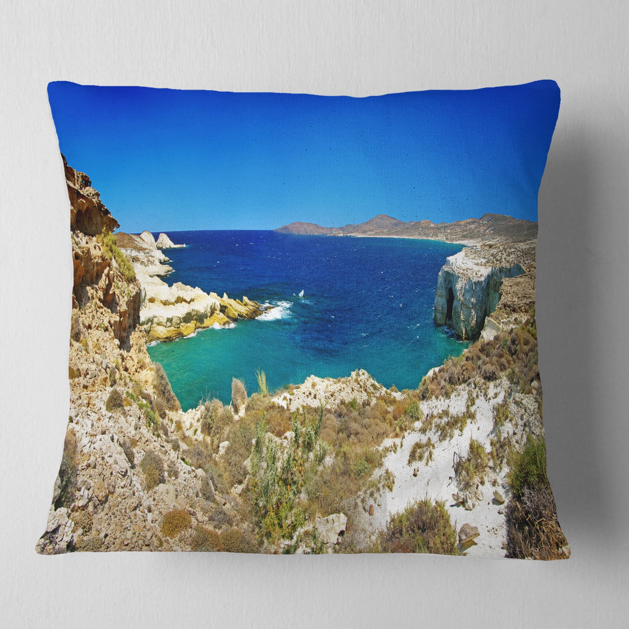 Designart Milos Island Bay Panorama - Seashore Throw Pillow - 16x16