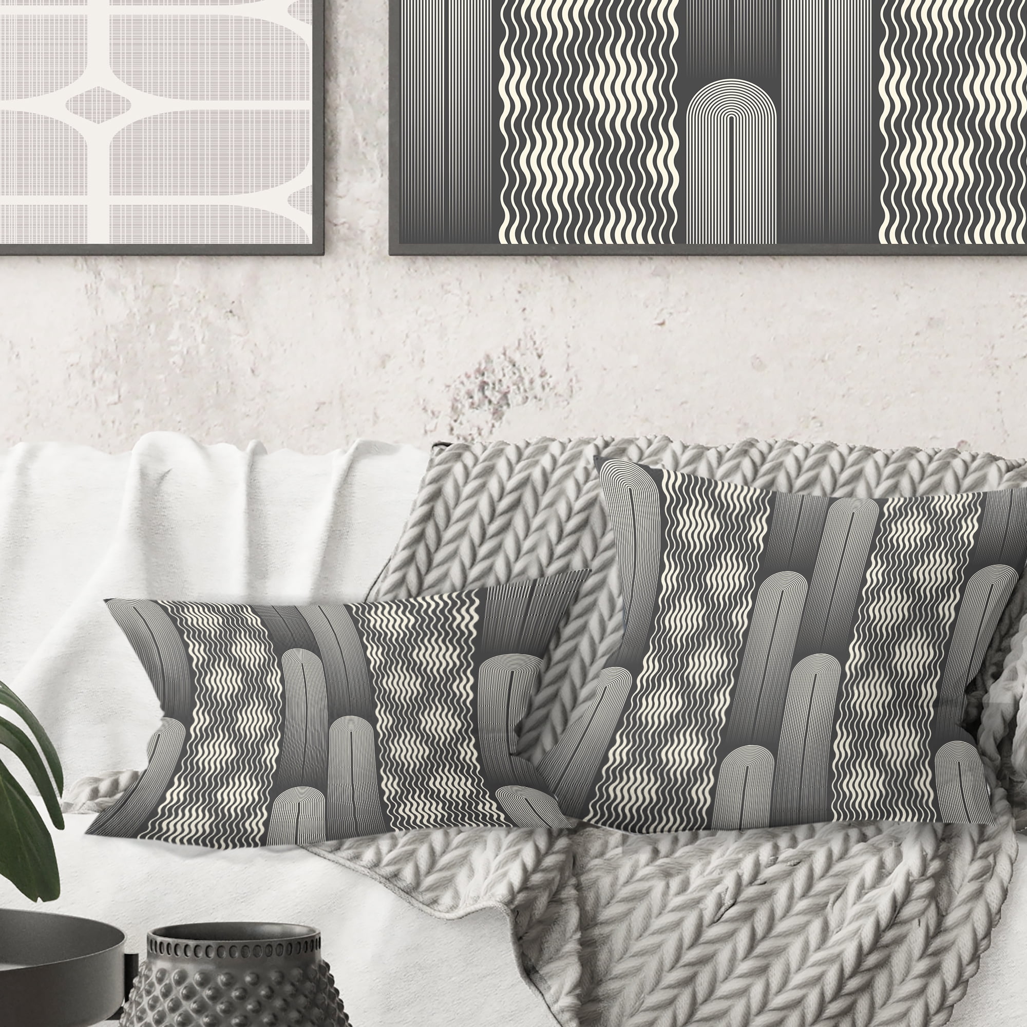 Designart Mimimal Black And White Design II' Mid-Century Modern Throw Pillow - 16x16