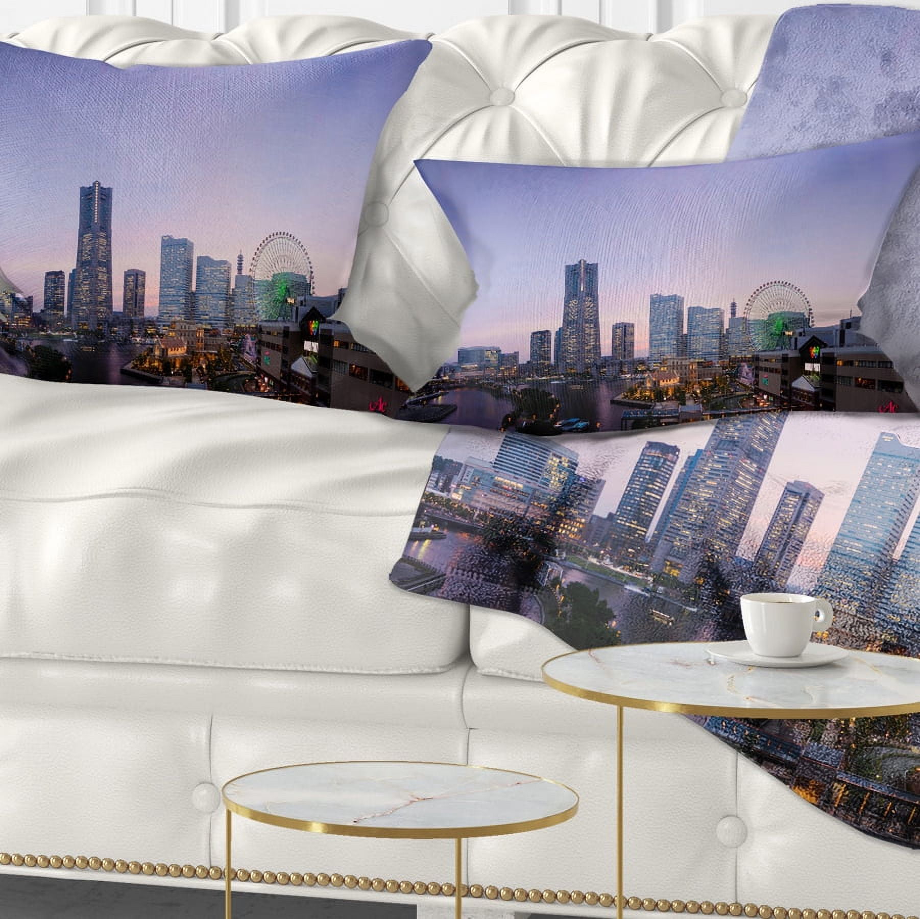 Designart Minato Mirai Yokohama at Twilight - Cityscape Throw Pillow - 12x20