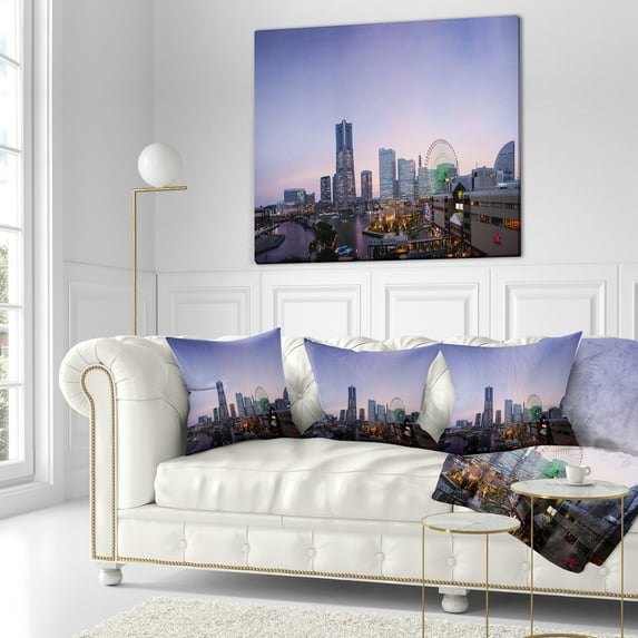 Designart Minato Mirai Yokohama at Twilight - Cityscape Throw Pillow - 16x16